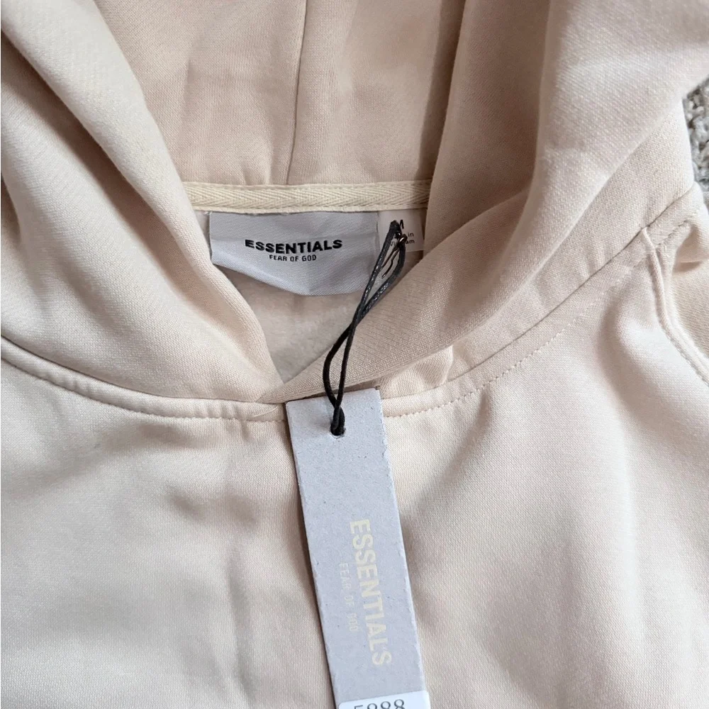 Essentials Men's Cream Hoodie with Black Logo - Picture 5 of 7